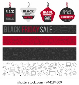 Black Friday Sale Elements Vector Illustration Line Art with Creative Badges for Promotion and Discount Tags ideal for Web, Site, Banner, Page, Cover 