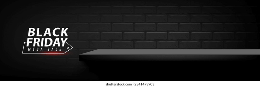 Black Friday Sale, Empty shelf for Product showing on Brick wall horizontal background. Black background. Pedestal with for product display, advertising, and show based. Vector illustration.