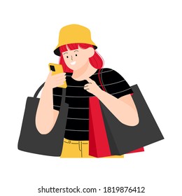 Black Friday sale event with female using bucket hat shopping online on smartphone and holding shopping bags and tote bag illustration. Big Discount and Promo Concept