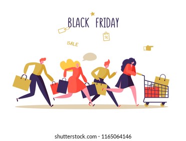 Black Friday Sale Event. Flat People Characters with Shopping Bags. Big Discount, Promo Concept, Advertising Poster, Banner. Vector illustration