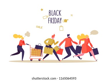 Black Friday Sale Event. Flat People Characters with Shopping Bags. Big Discount, Promo Concept, Advertising Poster, Banner. Vector illustration