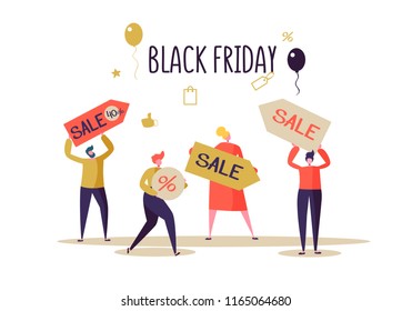 Black Friday Sale Event. Flat People Characters with Price Tags on Shopping. Big Discount, Promo Concept, Advertising Poster, Banner. Vector illustration