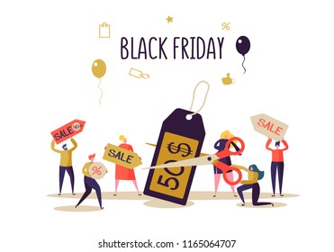 Black Friday Sale Event. Flat People Characters on Shopping. Big Discount, Promo Concept, Advertising Poster, Banner. Vector illustration