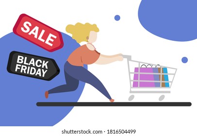 black friday sale event. flat people character with bags and shopping trolleys. advertising poster, banner vector illustration