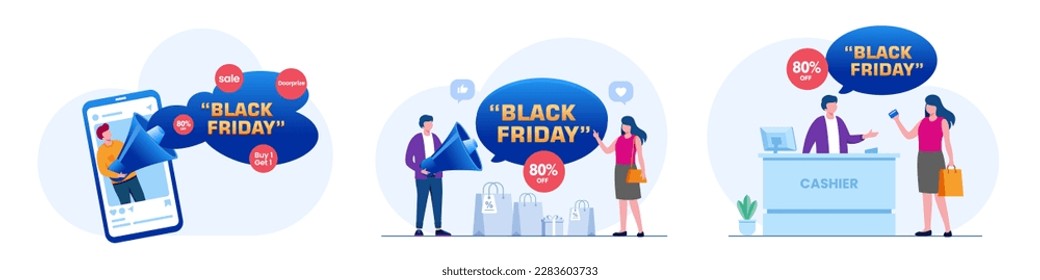 Black Friday Sale Event. Flat People Characters with Shopping Bags. Big Discount, Promo Concept, Advertising Poster, Banner. Vector illustration