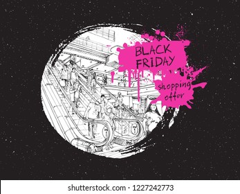 Black Friday Sale event grunge banner with ink stains, frame, black splashes. Crowd of shoppers hurry to buy discounts advertisement. Vector.