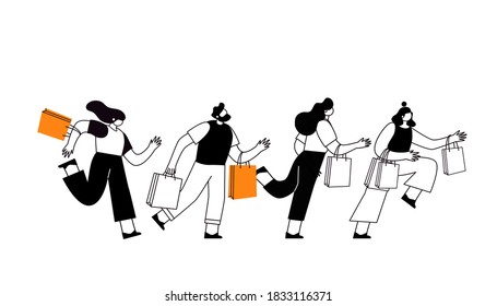 Black Friday Sale Event. Line People Characters With Shopping Bags. Big Discount, Promo Concept, Advertising Poster, Banner. Vector Illustration