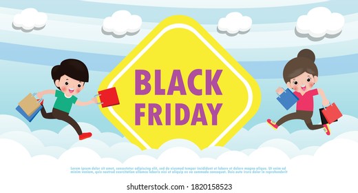 Black Friday Sale Event People Characters cartoon with Shopping Bag jumping on sky and Cloud, Advertising Poster Banner Big Discount Promo Concept isolated background vector illustration