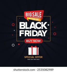 Plantilla de evento de venta de Black Friday. Póster de Black Friday Sale con Elementos promocionales como cajas de regalo blancas.