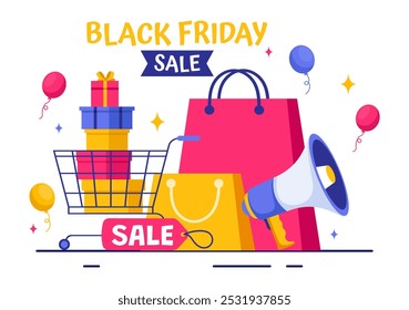 Ilustración vectorial del acontecimiento de la venta del viernes negro con las bolsas de papel de las compras y las compras de descuento grandes de la promoción compra mercancías para las promociones en un fondo plano