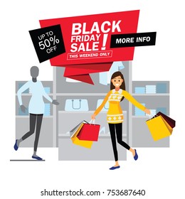 Black Friday Sale Fashion clothing store  Shopping girl happy Cartoon Character Poster Vector Illustration
