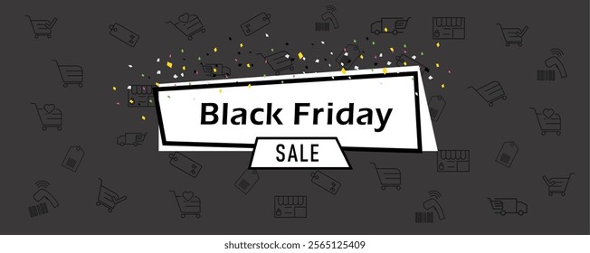 Black Friday Sale, featuring promotional label elements, shopping cart and discount icons, ideal for Banner, website, social media, flyer, poster or other advertising materials.