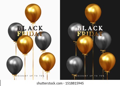 Black Friday Sale. Festive Background with realistic balloons. Group ballons with ribbon in color black and golden. Discount up to 70% off. Banner, posters or flyers design, card. Vector illustration