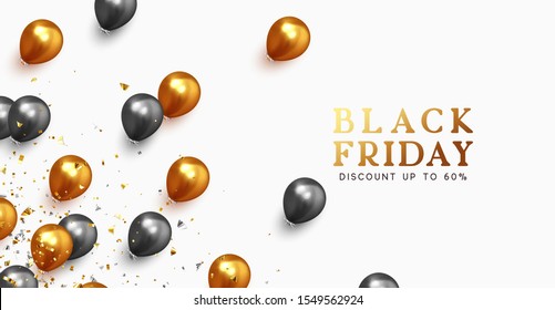 Black Friday Sale. Festive background with helium balloons. Backdrop falling realistic ballon black and golden color. Sale Discount Poster, web banner. vector illustration