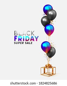 Black Friday Sale. Festive background with helium balloons, gold gift box. Realistic decorative design elements. Vector Ballon 3d object. Poster, banner for advertising. Cover and brochure, card flyer