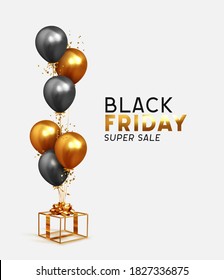 Black Friday Sale. Festive background with helium balloons, gold gift box. Realistic decorative design elements. Vector Ballon 3d object. Poster, banner for advertising. Cover and brochure, card flyer