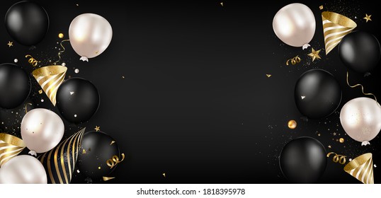 Black Friday Sale. Flat lay background with balloons, holidays decoration. Top view. Vector.