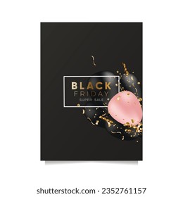 Black Friday sale flyer or banner with black and pink balloons and confetti. Dark background, golden text in white frame. Vector template