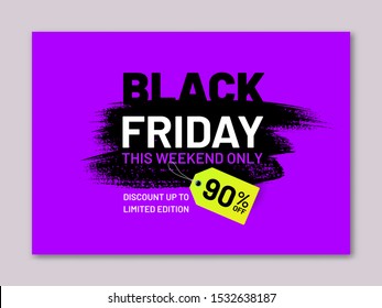 Black Friday Sale Flyer. Discount Up To 90 Percent Tag In Shape Of Paintbrush Stroke. Limited Edition. Promotion And Marketing Campaign. Seasonal Sale Announcement Template With Shop Now Button