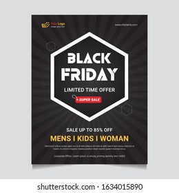 Black Friday Sale Flyer, Poster, Banner, Vector. 85% Off, Sale Background. Big Sale, Super shop, Special Offer on Every Brands.