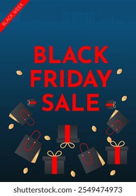 black friday sale flyer with a black friday sale sign ,ribbon and gift boxes