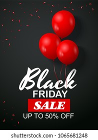 Black Friday Sale Flyer Vorlage. Dunkler Hintergrund mit roten Ballons und Konfetti. Vektorgrafik.