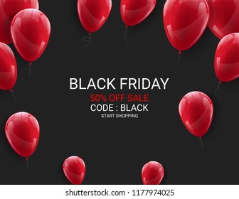 Black Friday sale flyer template. Dark background with red balloons for seasonal discount offer. Vector illustration with confetti and serpentine