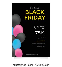 Black Friday sale flyer template. Dark background with red and black balloons for seasonal discount offer