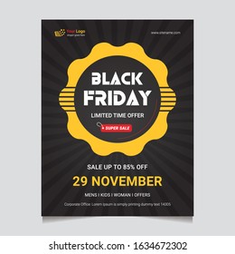 black friday sale flyer template. Dark background with red and black discount offer. Vector illustration with confetti and serpentine