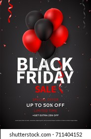 Black Friday sale flyer template. Dark background with red and black balloons for seasonal discount offer. Vector illustration with confetti and serpentine.