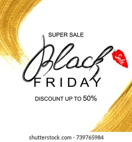 Black friday sale flyer template. Abstract gold paint smears on white background. Vector illustration.