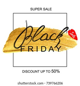 Black friday sale flyer template. Abstract gold paint smears on white background. Vector illustration.
