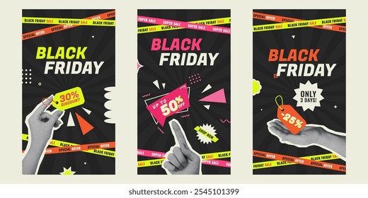 Black Friday Sale flyers set in trendy collage style with halftone hands holding coupons and geometric elements. Bright vector illustrations for social media