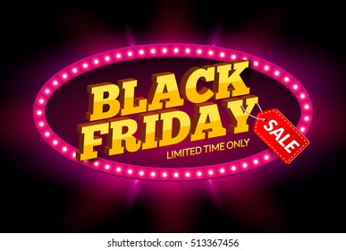 Black Friday SALE frame design template. Black friday discount retro banner with neon sign light frame. Vector illustration.