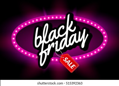 Black Friday SALE frame design template. Black friday discount retro banner with neon sign light frame. Vector illustration.