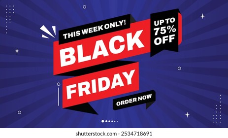 ¡Rebajas del Black Friday! Obtenga hasta un 75% de descuento - ¡Solicite ahora solo esta semana! Venta Plantillas de Anuncio con Formas Element en negro, blanco, amarillo, degradado púrpura. Fondo perfecto de la venta para los Diseños llamativos