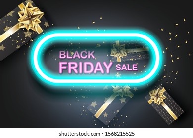 Black Friday sale with Gift box on gold glitter background.Neon light banner.Creative Minimal Top view style.Festival marketing promotion season.Business special offer card Vector illustration.EPS10