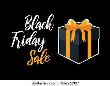 Black Friday Sale with gift box vector. Black gift box with yellow ribbon vector. Label for Black Friday. 