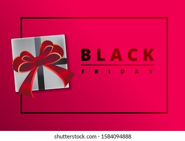 Black Friday sale. Gift box decorated with red bow on pink background. Top view. Vector illustration.