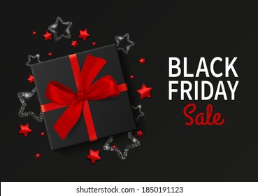 Black friday sale gift box. Realistic style cardboard box with red silk ribbon and bow, shiny sequins and glitter design promotional banner template. Advertising elements for discount vector poster