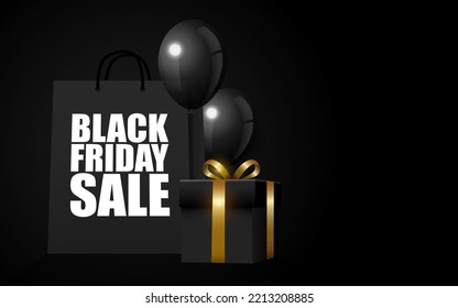 Black Friday Sale, black gift box and shopping bag with balloons on black, New Year and Christmas theme