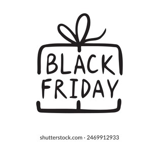 Black friday sale gift box doodle logo icon Hand drawn. Vector illustration