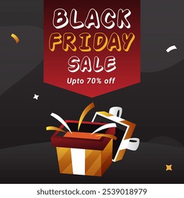 Black Friday Sale With Gift Box Design In 3d Banner With Discount Up to 70% off. Vector illustration. Black Friday Sale banner template design for social media and website.