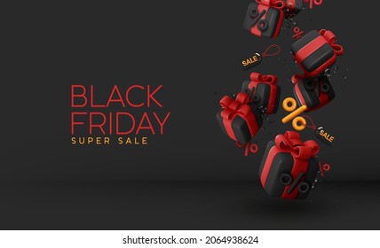 Black Friday Sale. Black Gift boxes red bow color falling with percent symbols. Festive advertising background for Christmas and New Year. Holiday banner, web poster. Realistic 3d Vector illustration