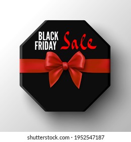 Black friday sale gift octagonal box with red bow. Package with ribbon. Vector illustration.