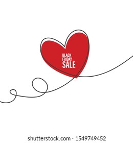 Black Friday Sale with glitch Heart in continuous drawing lines in a flat style in continuous drawing lines. Continuous black line. The work of flat design. Symbol of love and tenderness