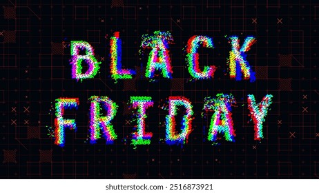 BLACK FRIDAY SALE Glitched Cyberpunk Modern Style Typography Banner. Dark Background for Black Friday Tech Sale or Cyber Monday Blog Post. Vector Illustration. 