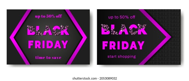 Black Friday sale. Glittering letters on a black background. Super sale for header, banner, flyer, web, design. Vectors