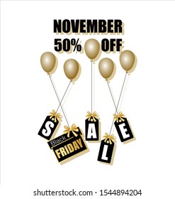 Black friday. Sale. Gold gift wrap and balloons. Shopping.Gift box with bow and label. Layout background.Poster, booklet, card, advertising. Vector illustration isolated on a white background
