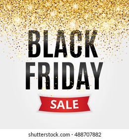 Black friday sale gold glitter background. Black shine gold sparkles background. Super friday sale logo for banner, web, header and flyer, design. Christmas and new year shopping.
